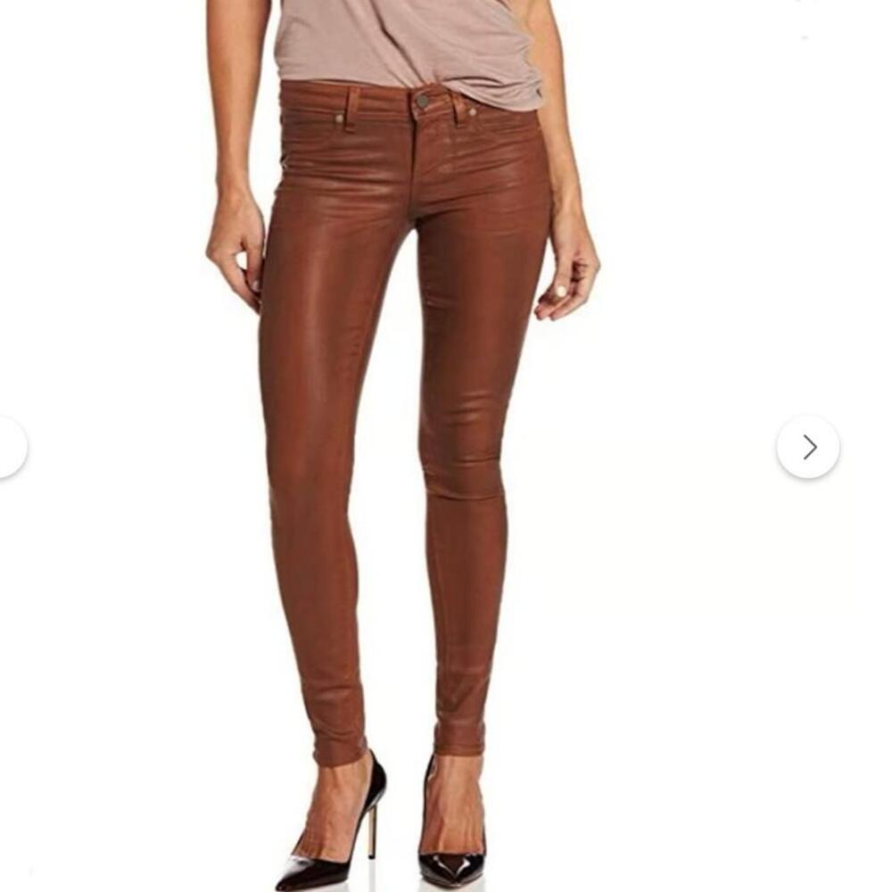 Paige Hoxton Ankle Jeans Cognac Sz 34 Cropped High Rise Skinny Coated Denim
